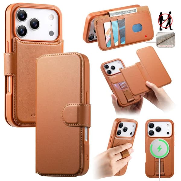 iPhone 18 Pro Max / iPhone 17 Pro Max Skal Läderfodral med Neo Finger Grip Rem och MagSafe Brun