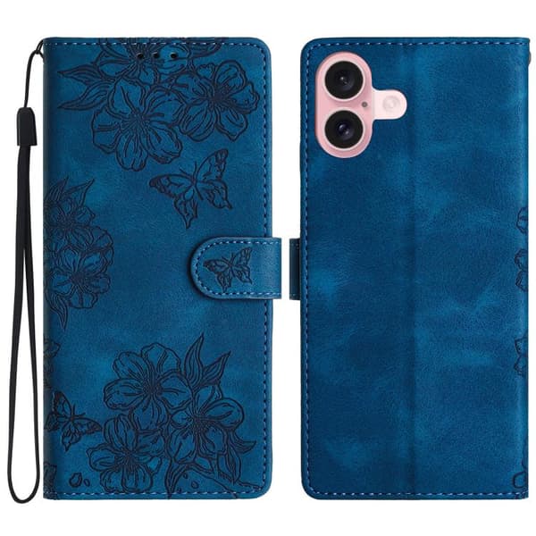 iPhone 17 Skal med Cherry Blossom och Embossed Butterfly Design Blå