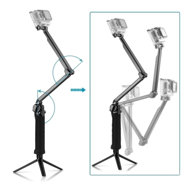 3-vägs grepp hopfällbar stativ selfie-stick förlängningsmonopod för GoPro, Insta360 ONE R, DJI Osmo Action och andra actionkameror, längd: 20-58 cm