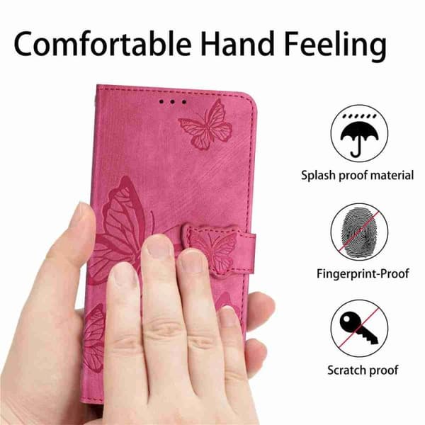 iPhone 18 Pro Max / iPhone 17 Pro Max Skal läderfodral med präglad fjärilsmönster Rosröd