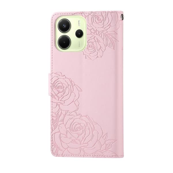 Redmi Note 14 4G - Läderfodral med Rosblommor och 3 Kortfack Rosa