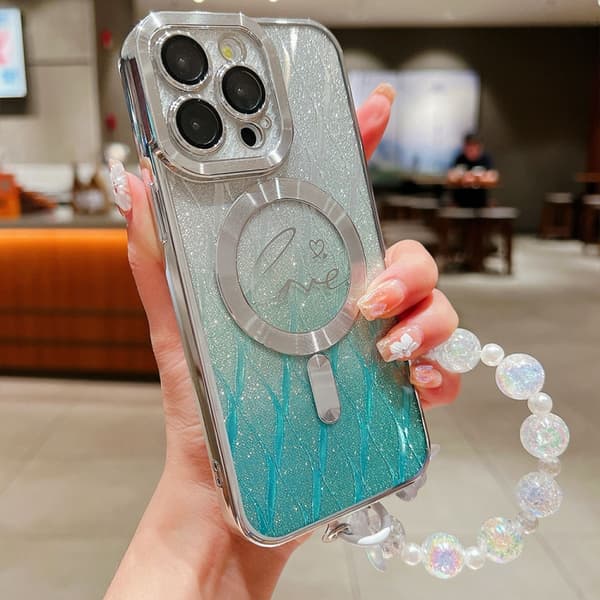 iPhone 16 Pro Skal med Dubbel-Kärlek Blad Gradient Glitter Design, MagSafe TPU Grön