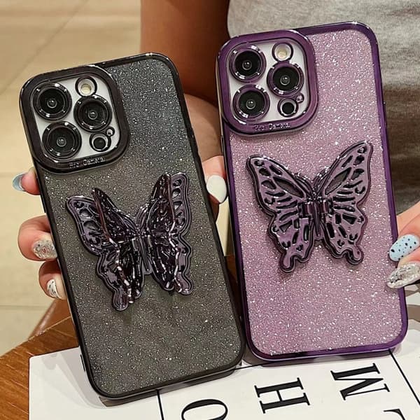 iPhone 16 Pro Max Skal med Elektropläterad Glittrig 3D Fjäril TPU Silver