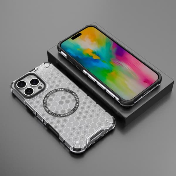 iPhone 16 Pro Max Honeycomb Magnetisk Ring Stötsäker Skal Vit