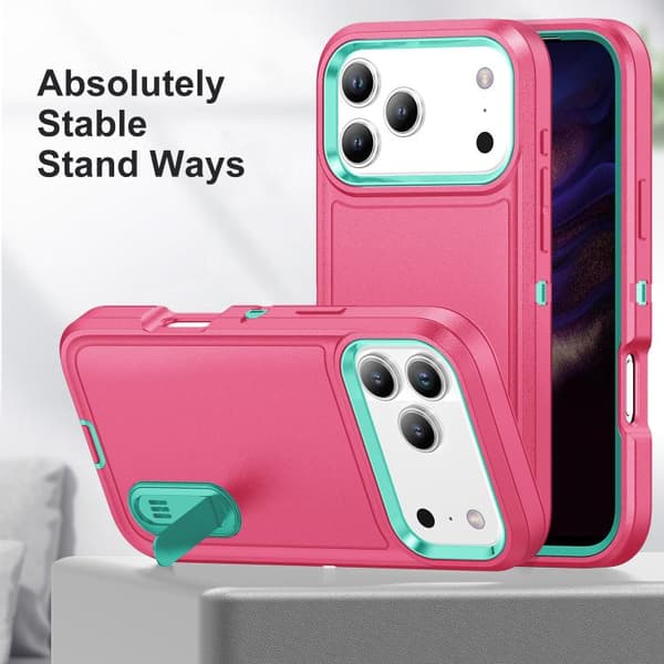iPhone 18 Pro Max / iPhone 17 Pro Max Skal - robust PC + silikon med hållare Rosröd + Ljusgrön