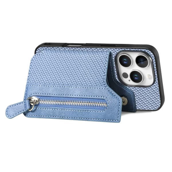 iPhone 16 Pro Max Kolfiber Horisontell Flip Dragkedja Skal Blå
