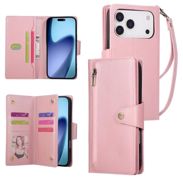 iPhone 18 Pro / iPhone 17 Pro Skal läderfodral med Rivet Spänne för 9 Kort och Tredelad Design Roséguld