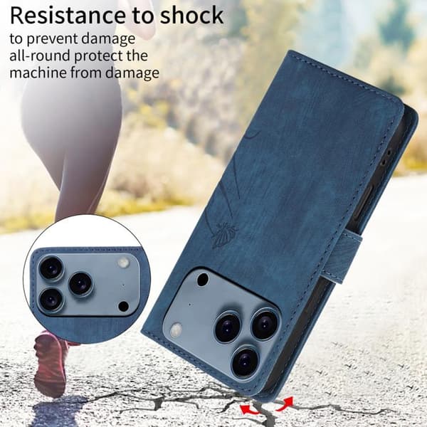 iPhone 18 Pro / iPhone 17 Pro Skal läderfodral med orkidéfjäril präglad design Blå