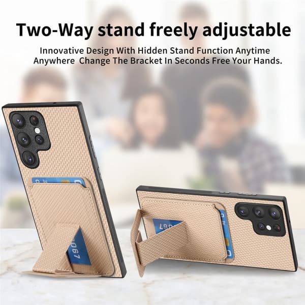 Samsung Galaxy S20 FE Skal i Kolfiber med Kortficka och Fällbart Ställ Kaki