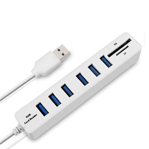 Multi USB 2.0 Hub med 6 portar och TF/SD kortläsare (Vit)