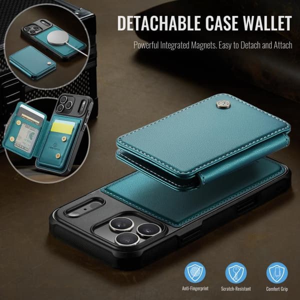 iPhone 18 Pro / iPhone 17 Pro Skal läderfodral JEEHOOD Business Magnetisk Stil RFID Blågrön
