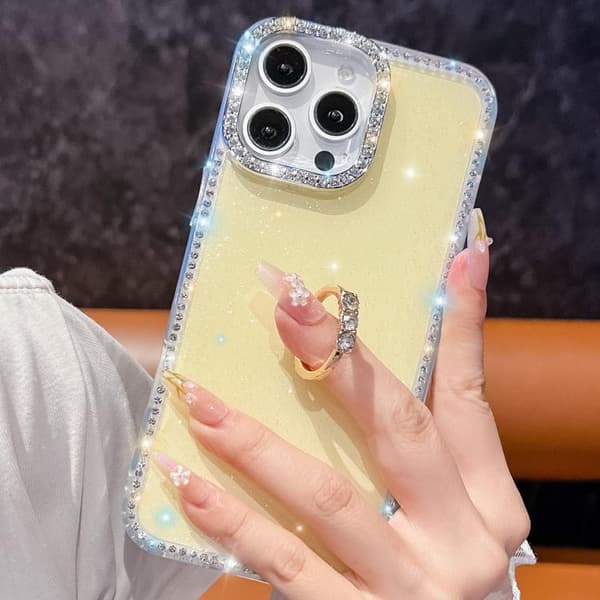 iPhone 17 Pro Max Skal med Rhinestone Glitter och Ringhållare, Anti-fall Vit