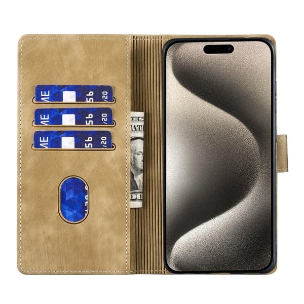 iPhone 18 Pro Max / iPhone 17 Pro Max Skal läderfodral med präglad katt och hjärta Aprikos