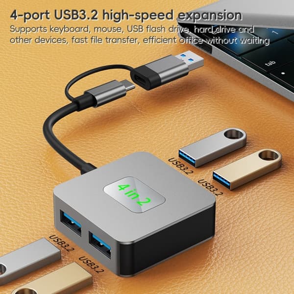 BYL-2320 4-i-2 USB + USB-C / Typ-C till USB 3.2 4-portars hub-adapter (Grå)
