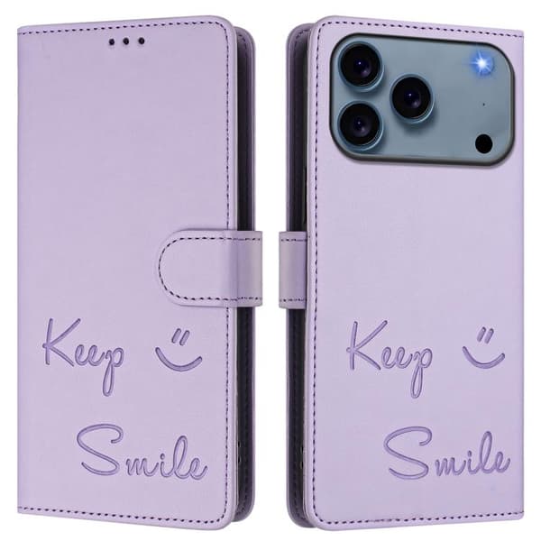 iPhone 18 Pro / iPhone 17 Pro Skal läderfodral med Smile Embossing och RFID Ljuslila