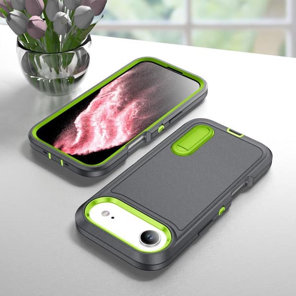 iPhone 17 Air Skal - robust PC + silikonfodral med hållare Grå + Friskgrön