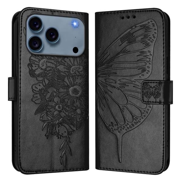 iPhone 18 Pro Max / iPhone 17 Pro Max Skal Läderfodral med Pr präglad Fjäril Svart