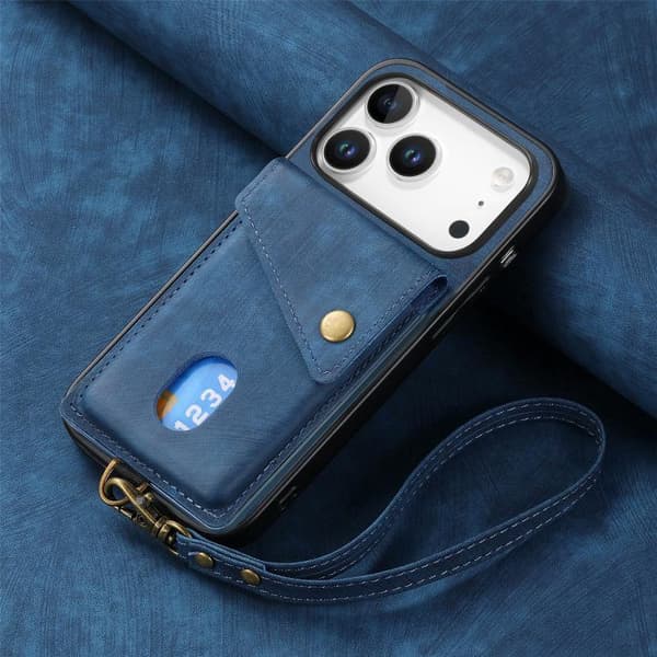 iPhone 18 Pro / iPhone 17 Pro Skal läderfodral med retro kortficka och rem Blå