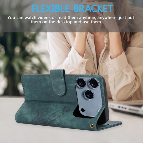 iPhone 18 Pro / iPhone 17 Pro Skal läderfodral med orkidéfjäril präglad design Grön