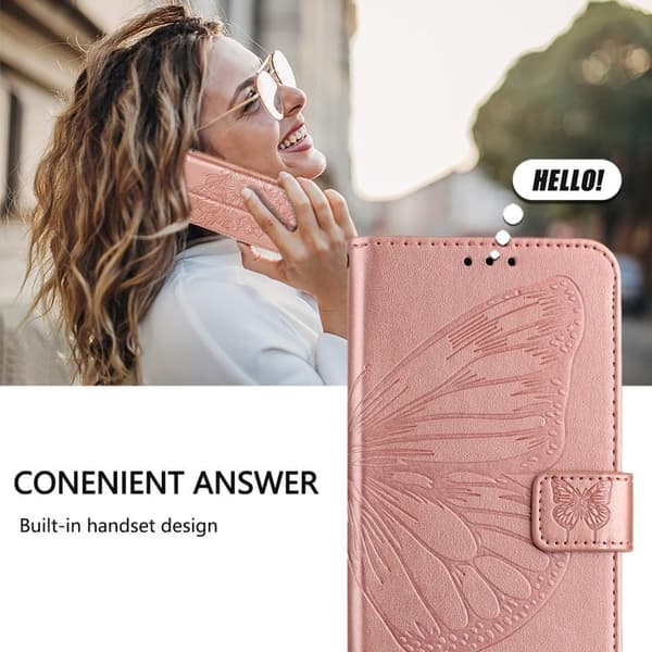 iPhone 18 Pro Max / iPhone 17 Pro Max Skal Läderfodral med Pr präglad Fjäril Roséguld