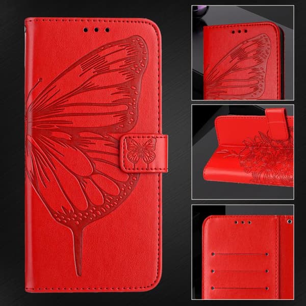 iPhone 18 Pro Max / iPhone 17 Pro Max Skal Läderfodral med Pr präglad Fjäril Röd