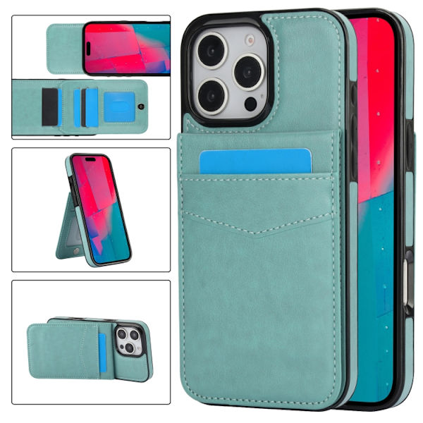iPhone 16 Pro Max Solid Color Kortfack Ställ PU Skal Mintgrön