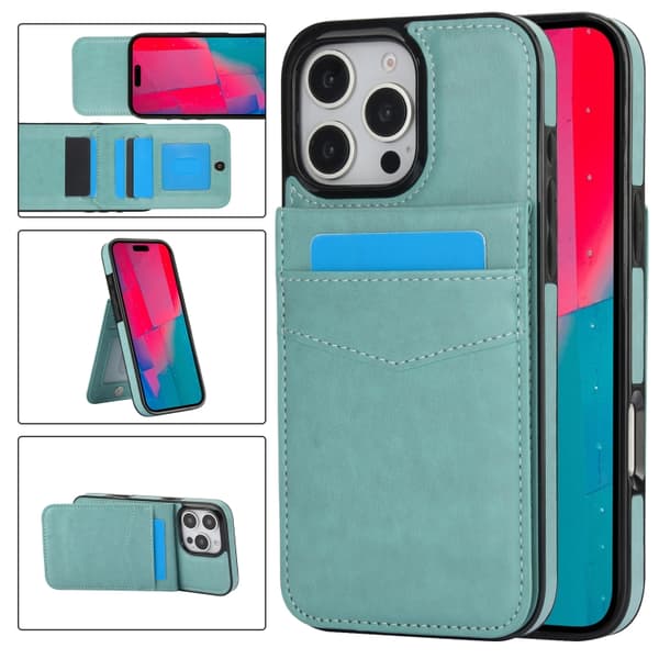 iPhone 16 Pro Solid Color Kortfack Ställ PU Skal Mintgrön