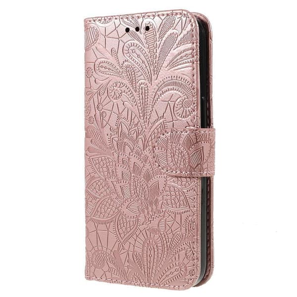 iPhone 18 Pro Max / iPhone 17 Pro Max Skal läderfodral med spetsblommor och präglad design Roséguld