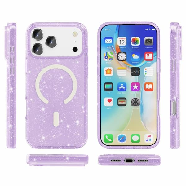 iPhone 18 Pro Max / iPhone 17 Pro Max Skal - Terminator Stil med Glittrande Pulver och MagSafe Magnet Purpur