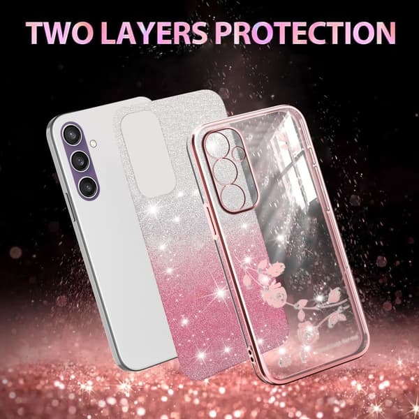 Samsung Galaxy S24+ 5G Skal med Gradient Glittrande Blommor Rosa