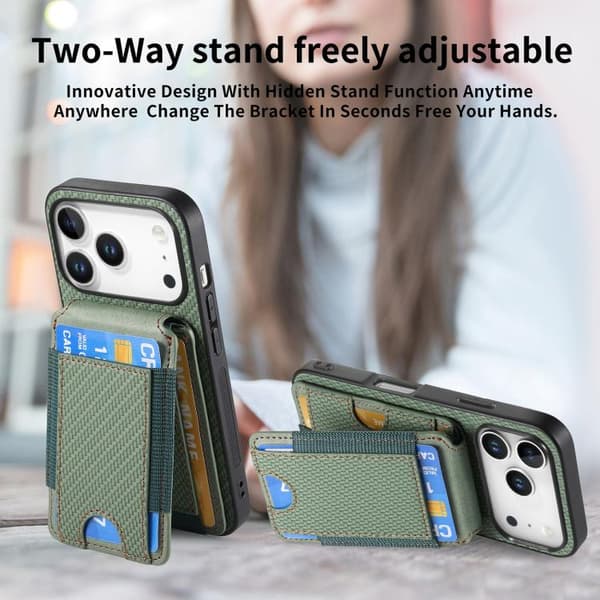 iPhone 18 Pro Max / iPhone 17 Pro Max Skal - Kolfiber med Vertikal Flip och Ställfunktion Grön