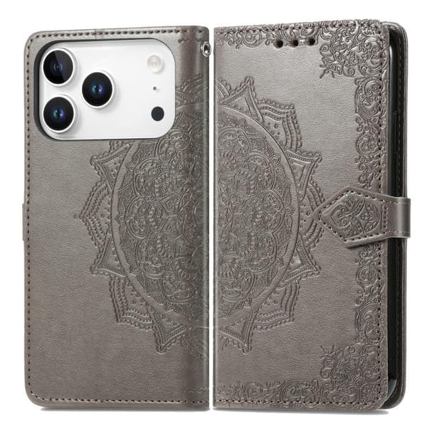 iPhone 18 Pro / iPhone 17 Pro Skal Läderfodral med Mandala Blomma Prägling Grå