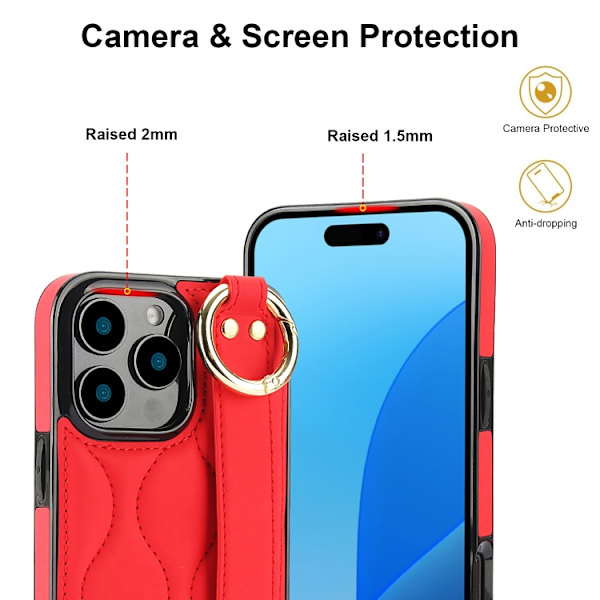 iPhone 16 Pro Skal med Handledsrem - Non-slip Full Coverage PU Skydd Röd