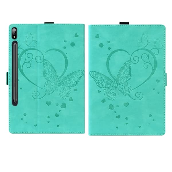 Samsung Galaxy Tab S9 FE+ Kärleksfjäril Prägling Läderfodral Mintgrön