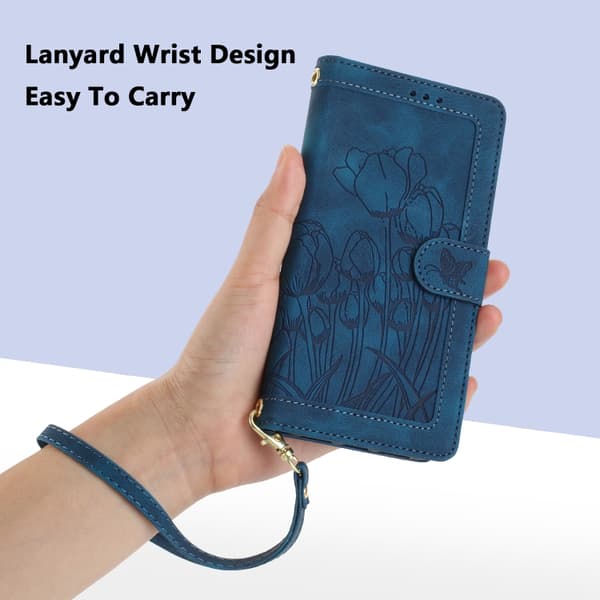 iPhone 16 Pro Tulpaner Pr präglat Läder Skal med Lanyard Blå