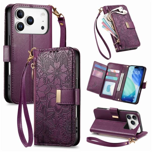 iPhone 18 Pro / iPhone 17 Pro Skal läderfodral med blommor och blad samt rem Purpur
