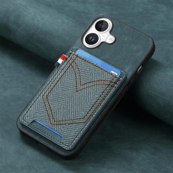 iPhone 17 Skal - Denim Textur med Kortfack Grön