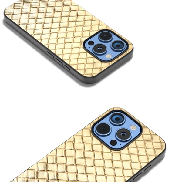 iPhone 16 Pro Max Skal med Svart Ram och Vävstruktur PU Guld