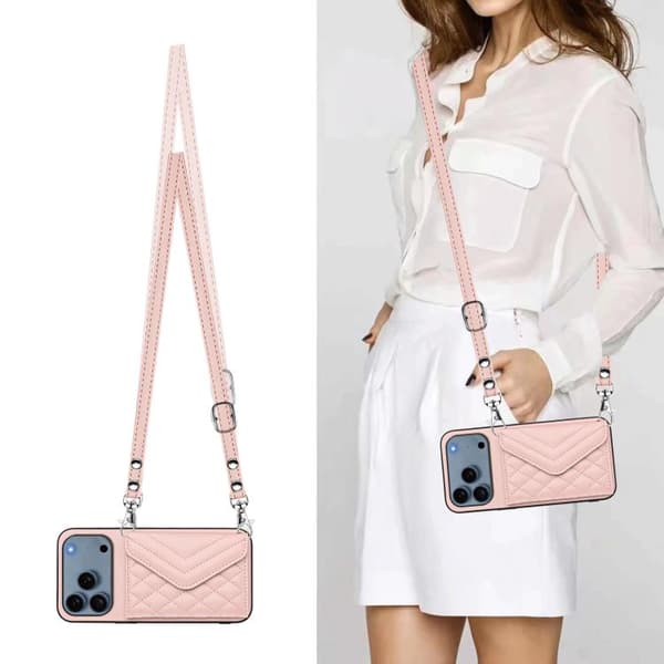 iPhone 18 Pro / iPhone 17 Pro Skal med Rhombisk Textur och Lång Lanyard Roséguld
