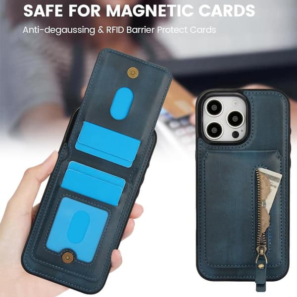 iPhone 16 Pro Zipper Wallet Split MagSafe Läder Fodral Skal Blå