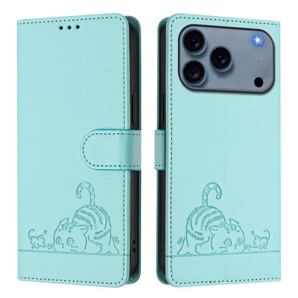 iPhone 18 Pro Max / iPhone 17 Pro Max Skal läderfodral med katt- och råttprägling och lanyard Mintgrön