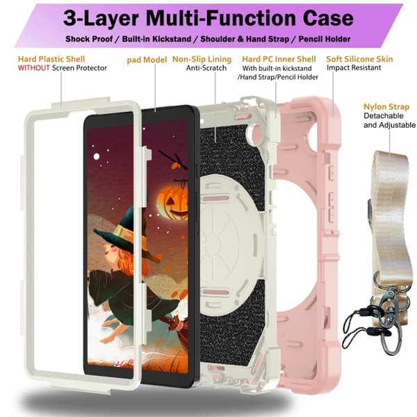 Samsung Galaxy Tab A9 / A11 Bat Hand Grip Ställ Rosa Vit