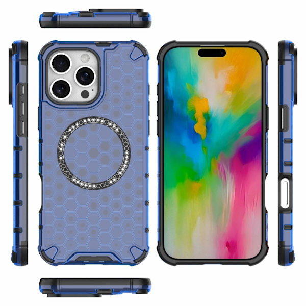 iPhone 16 Pro Honeycomb Magnetisk Ring Stötsäker Skal Blå