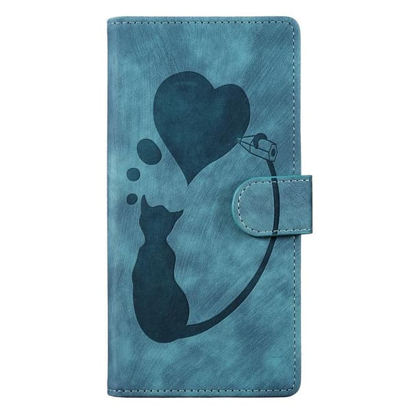 iPhone 18 Pro Max / iPhone 17 Pro Max Skal läderfodral med präglad katt och hjärta Blå