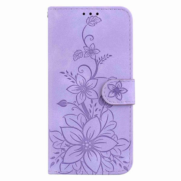 iPhone 18 Pro / iPhone 17 Pro Skal Läderfodral med Lily Prägling Purpur