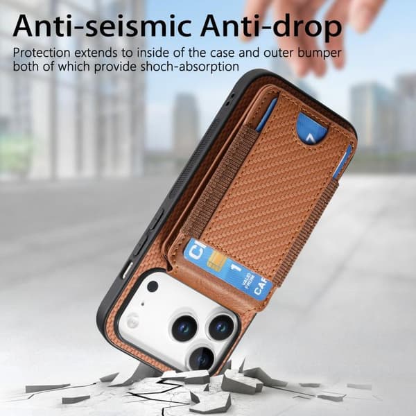 iPhone 17 Pro Max Skal - Kolfiber med Vertikal Flip och Ställfunktion Brun