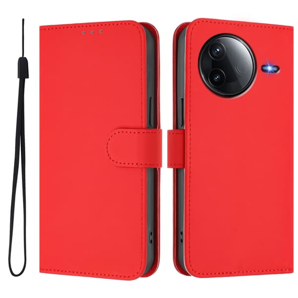 Redmi K80 / K80 Pro - Hölster i Solid Färg Läder med Lanyard Röd