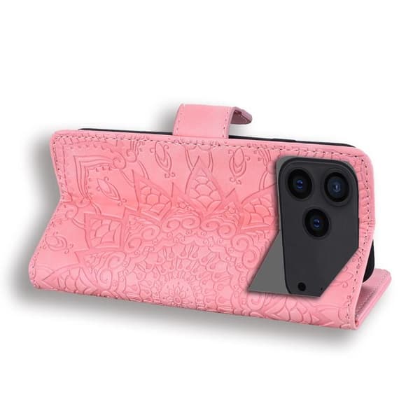 iPhone 18 Pro / iPhone 17 Pro Skal läderfodral med mandala präglad design - dubbelvik Rosa
