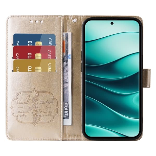 Redmi Note 14 Pro 5G / Note 14 Pro+ 5G - Prägad Fjäril Blommor Läder fodral Guld