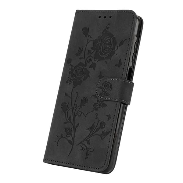 iPhone 18 Pro Max / iPhone 17 Pro Max Skal läderfodral med rosblomma präglad mönster Svart